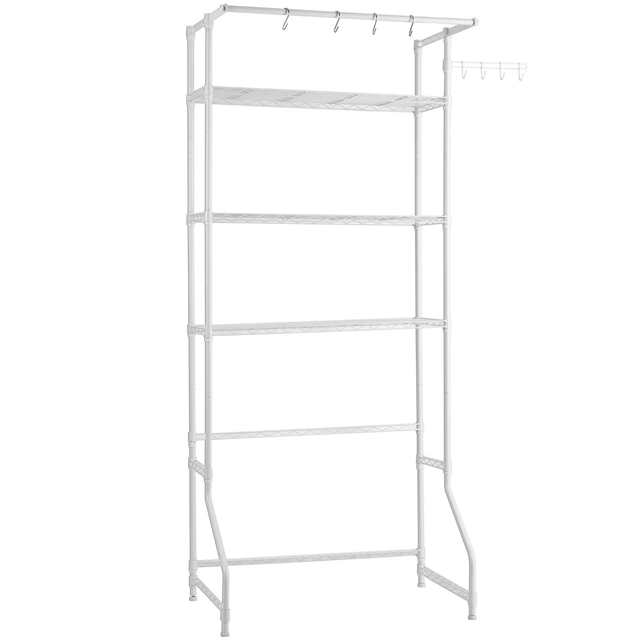 White Carbon Steel Over-Washer Dryer Storage Shelf with Hooks and Hanging Rod